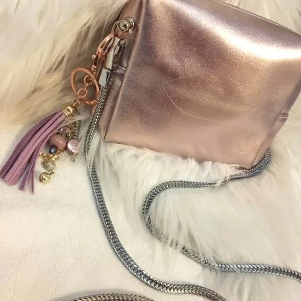 Yves Saint‎ Laurent PINK Metallic Cosmetic Bag Crossbody Converted Pearls Tassle